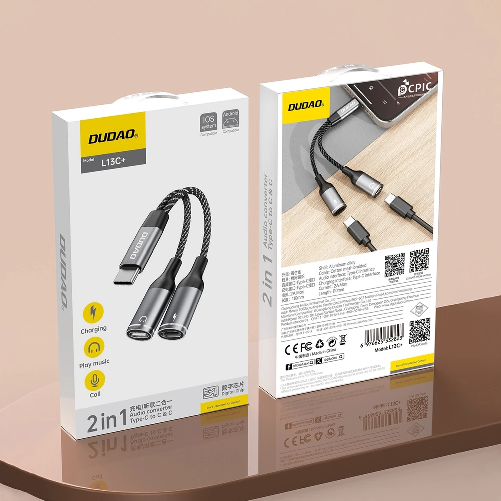 Dudao L13C+ 2in1 USB-C adapteris – pilkas