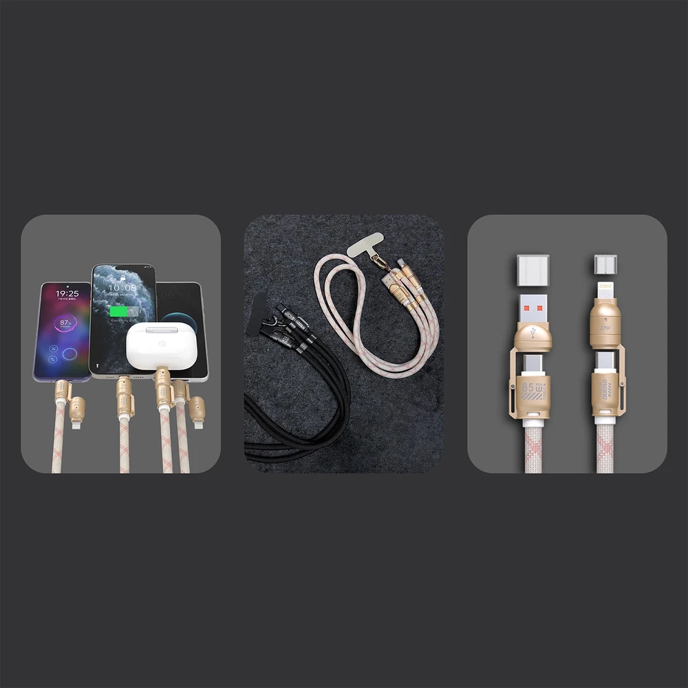 Dudao L20MAX 4in1 kabelis / Lanyard USB-A / USB-C / Lightning PD QC 65W 1.5m – rožinės spalvos