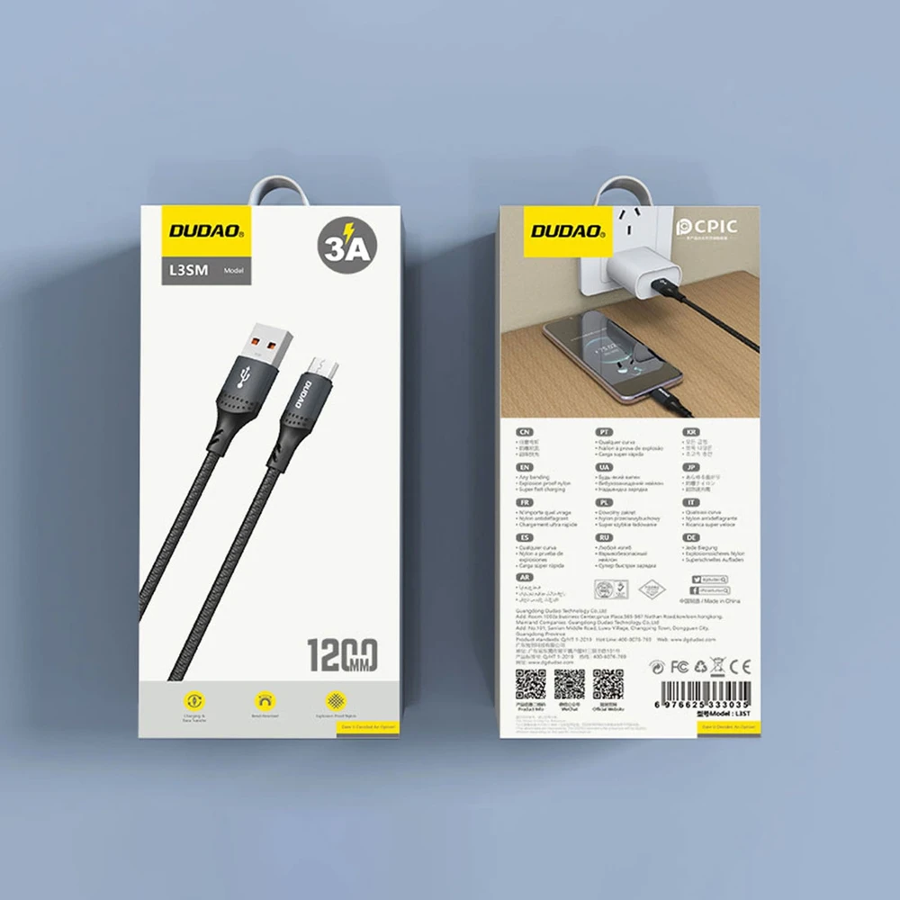 Dudao L3SM USB-A – MicroUSB 3A 1.2m Braided kabelis – juodos spalvos