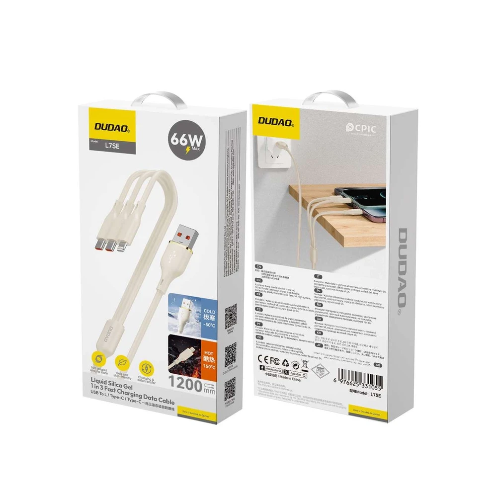 Dudao L7SE 3in1 USB-A – 2x USB-C / Lightning 66W kabelis 1.2m – beige
