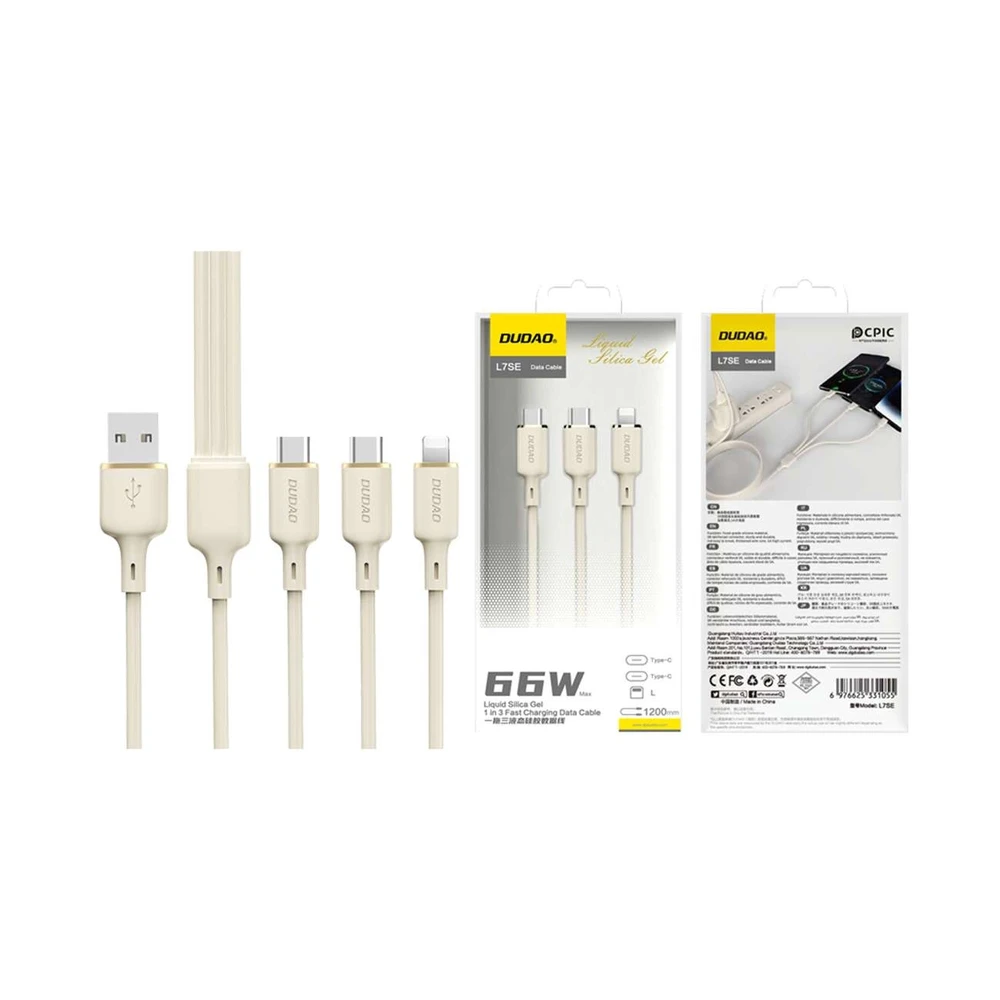 Dudao L7SE 3in1 USB-A – 2x USB-C / Lightning 66W kabelis 1.2m – beige