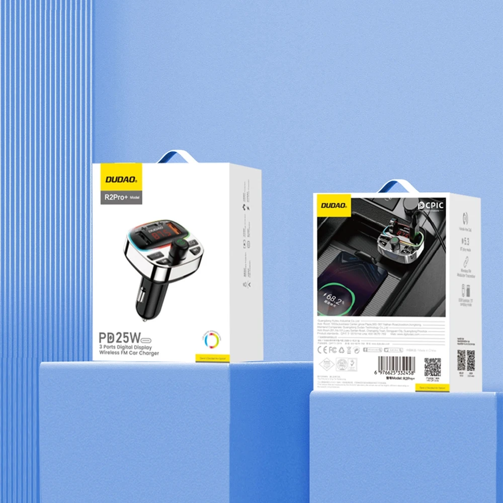 Dudao R2PRO+ FM moduliatorius with PD25W Bluetooth 5.3 RGB Charging Ports – juodos spalvos ir sidabro spalvos