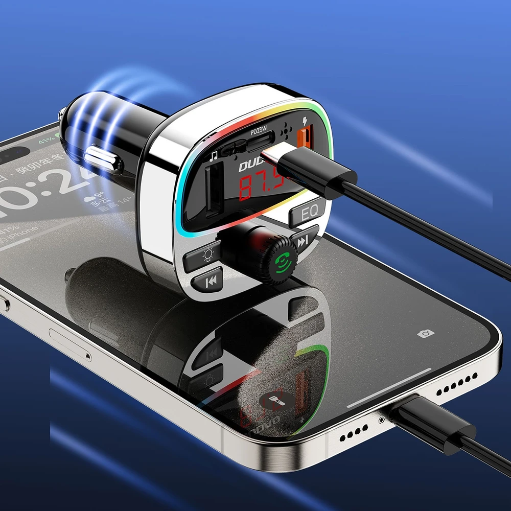 Dudao R2PRO+ FM moduliatorius with PD25W Bluetooth 5.3 RGB Charging Ports – juodos spalvos ir sidabro spalvos