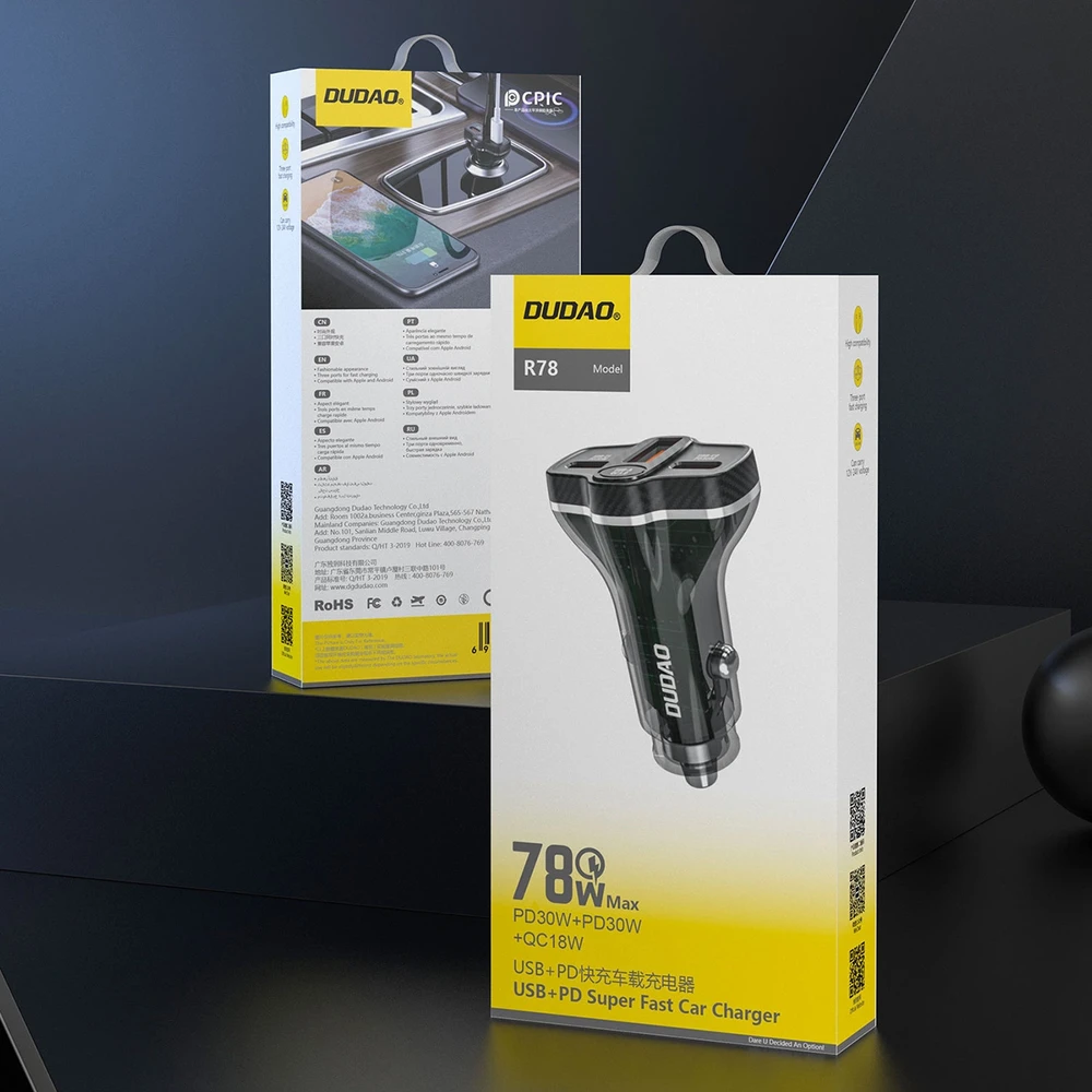 Dudao R78 78W automobilinis įkroviklis USB-C PD / 2xUSB-A QC – juodos spalvos
