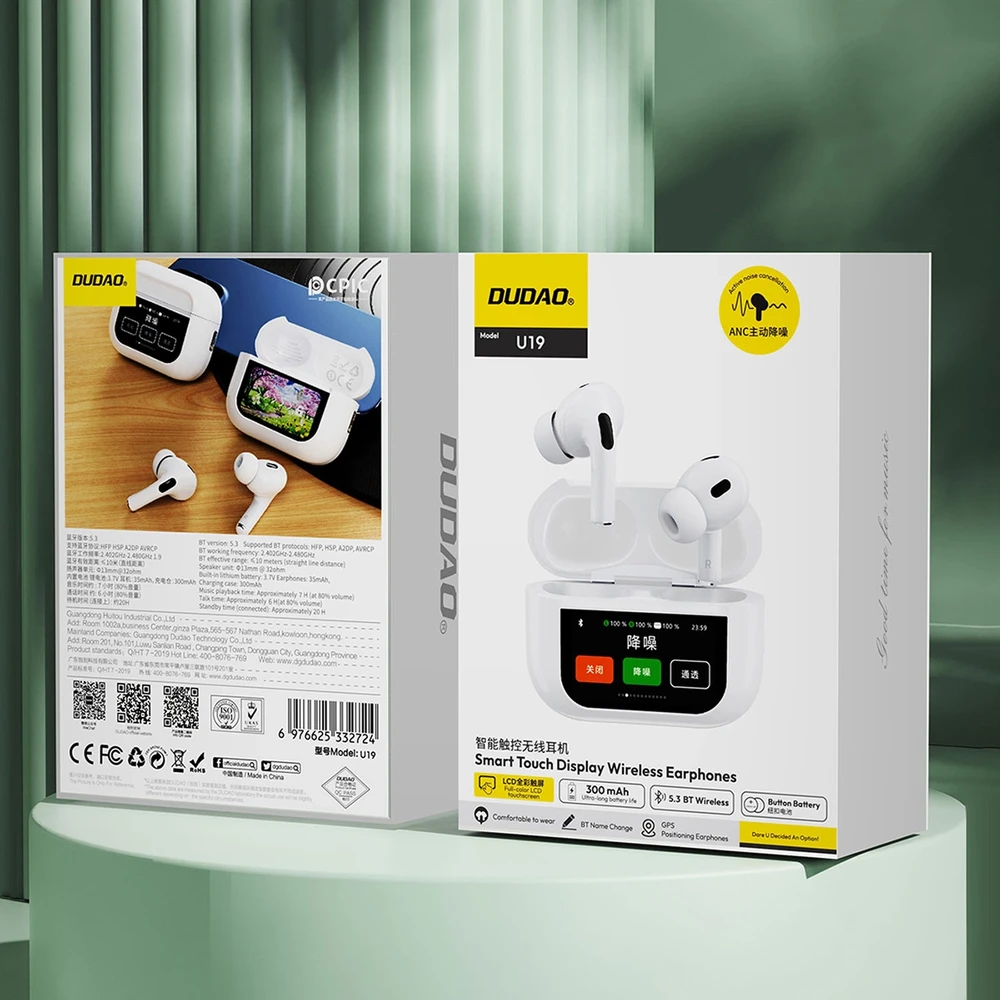 Dudao U19 į ausis įkišamos TWS belaidės Bluetooth 5.3 ausinės with LED ekranas – baltas