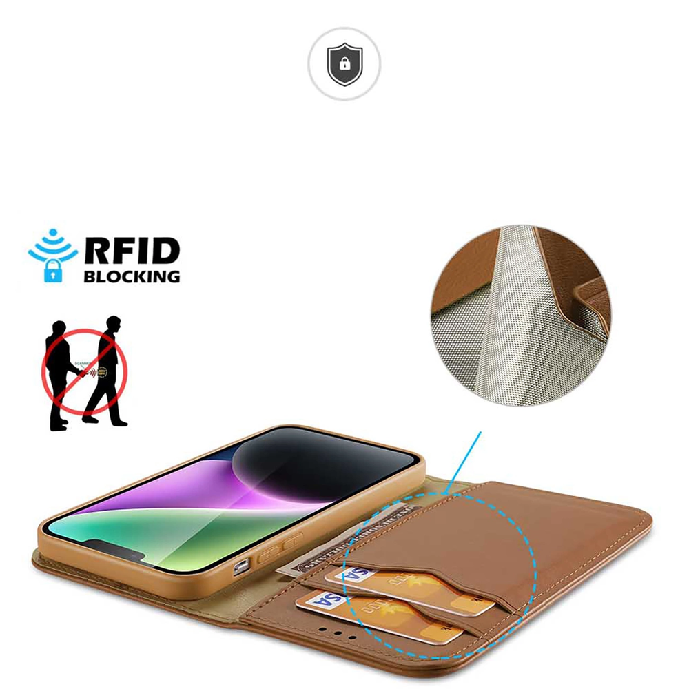 Dux Ducis Hivo Apple iPhone 15 Plus wallet RFID blocking - dėklas telefonui rudos spalvos