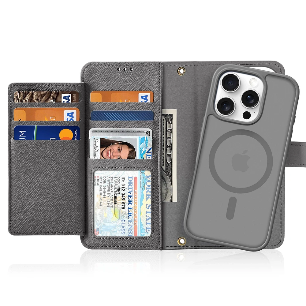 Dux Ducis Lawa Apple iPhone 16 Pro Leather dėklas su Detachable Magnetic Wallet – pilkos spalvos