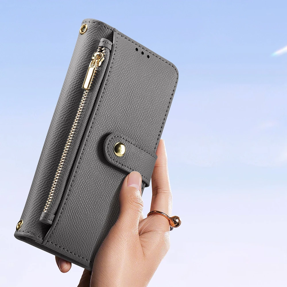 Dux Ducis Lawa Apple iPhone 16 Pro Leather dėklas su Detachable Magnetic Wallet – pilkos spalvos