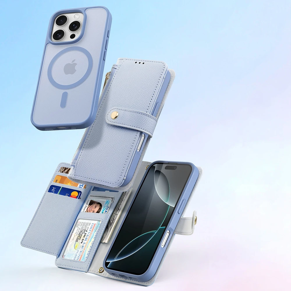 Dux Ducis Lawa Apple iPhone 16 Pro Leather dėklas su Detachable Magnetic Wallet – mėlynos spalvos