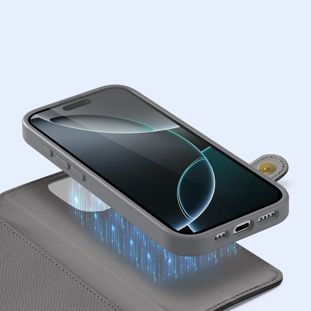 Dux Ducis Lawa Apple iPhone 16 Pro Leather dėklas su Detachable Magnetic Wallet – pilkos spalvos