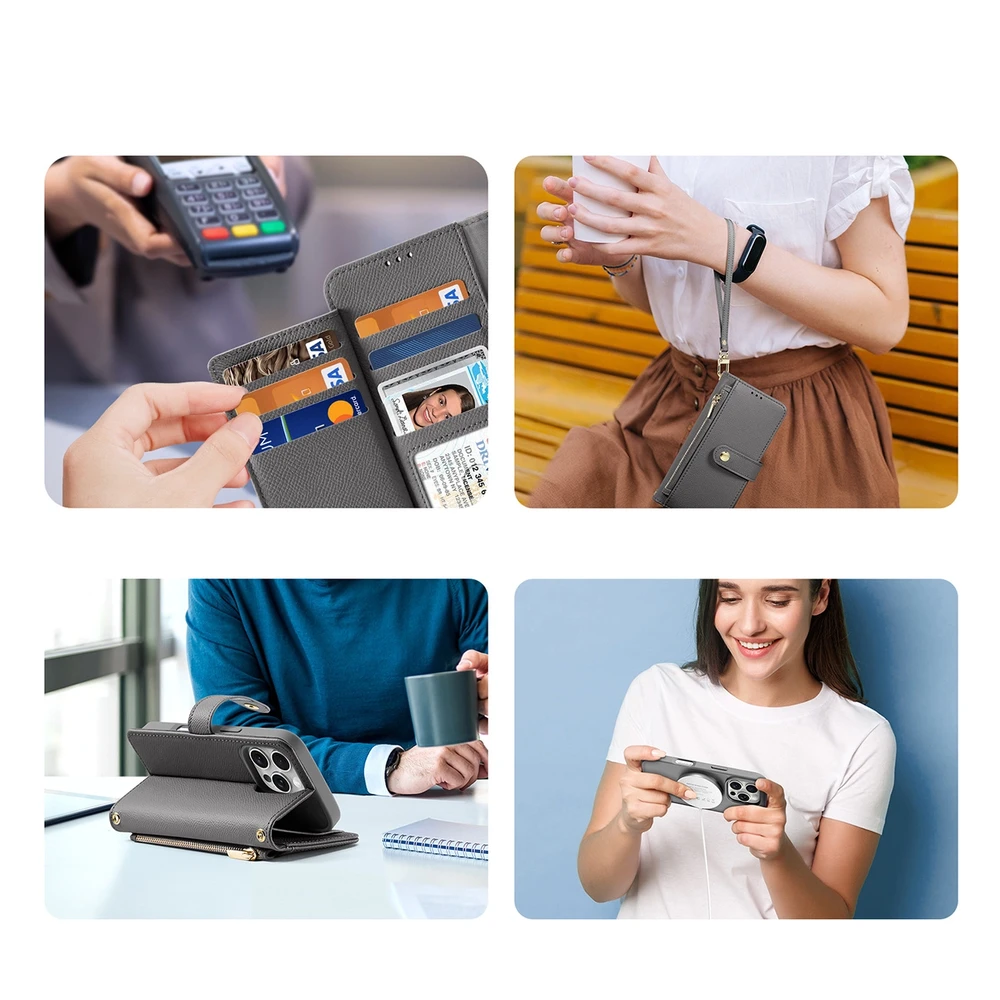 Dux Ducis Lawa Apple iPhone 16 Pro Leather dėklas su Detachable Magnetic Wallet – pilkos spalvos