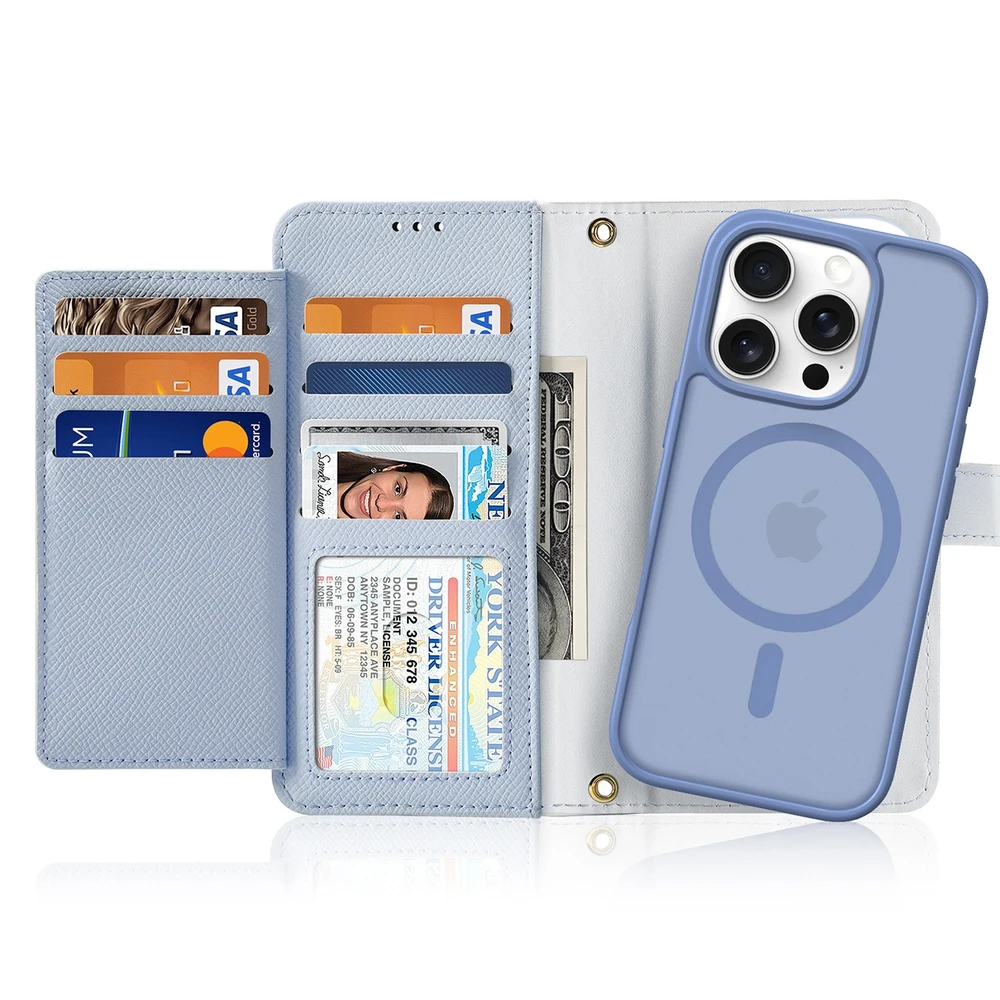 Dux Ducis Lawa Apple iPhone 16 Pro Leather dėklas su Detachable Magnetic Wallet – mėlynos spalvos