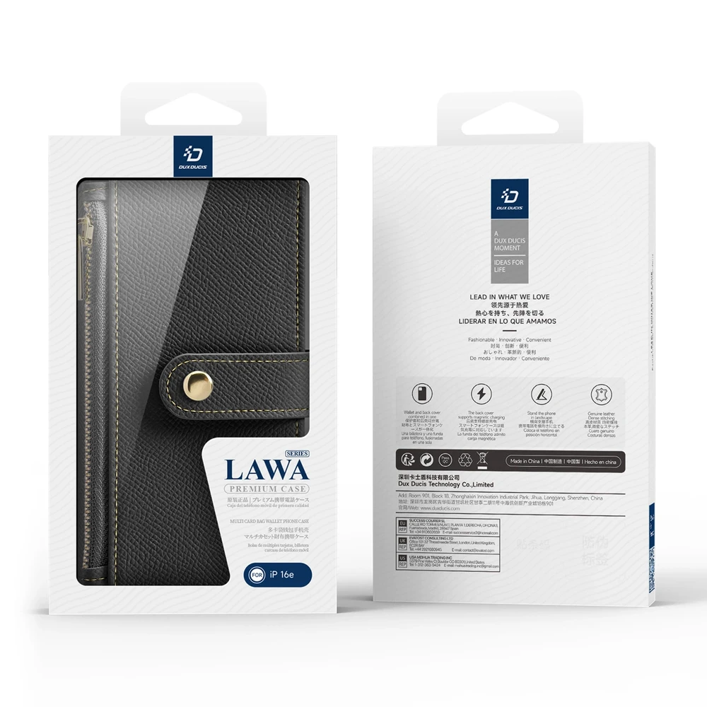 Dux Ducis Lawa Apple iPhone 16e Leather dėklas su Detachable Magnetic Wallet – juodos spalvos