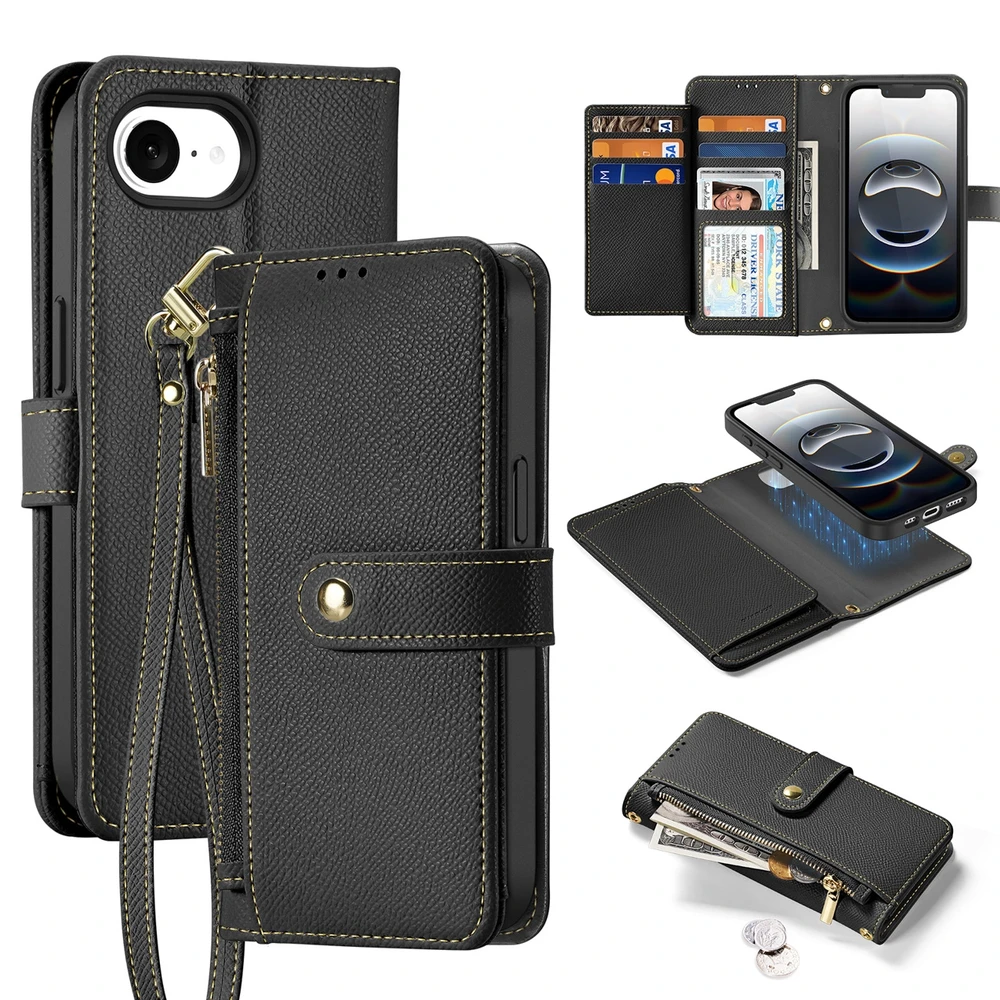 Dux Ducis Lawa Apple iPhone 16e Leather dėklas su Detachable Magnetic Wallet – juodos spalvos