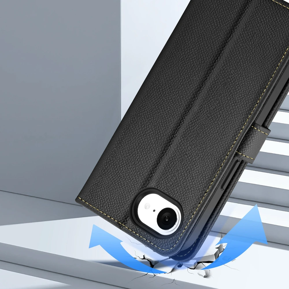 Dux Ducis Lawa Apple iPhone 16e Leather dėklas su Detachable Magnetic Wallet – juodos spalvos