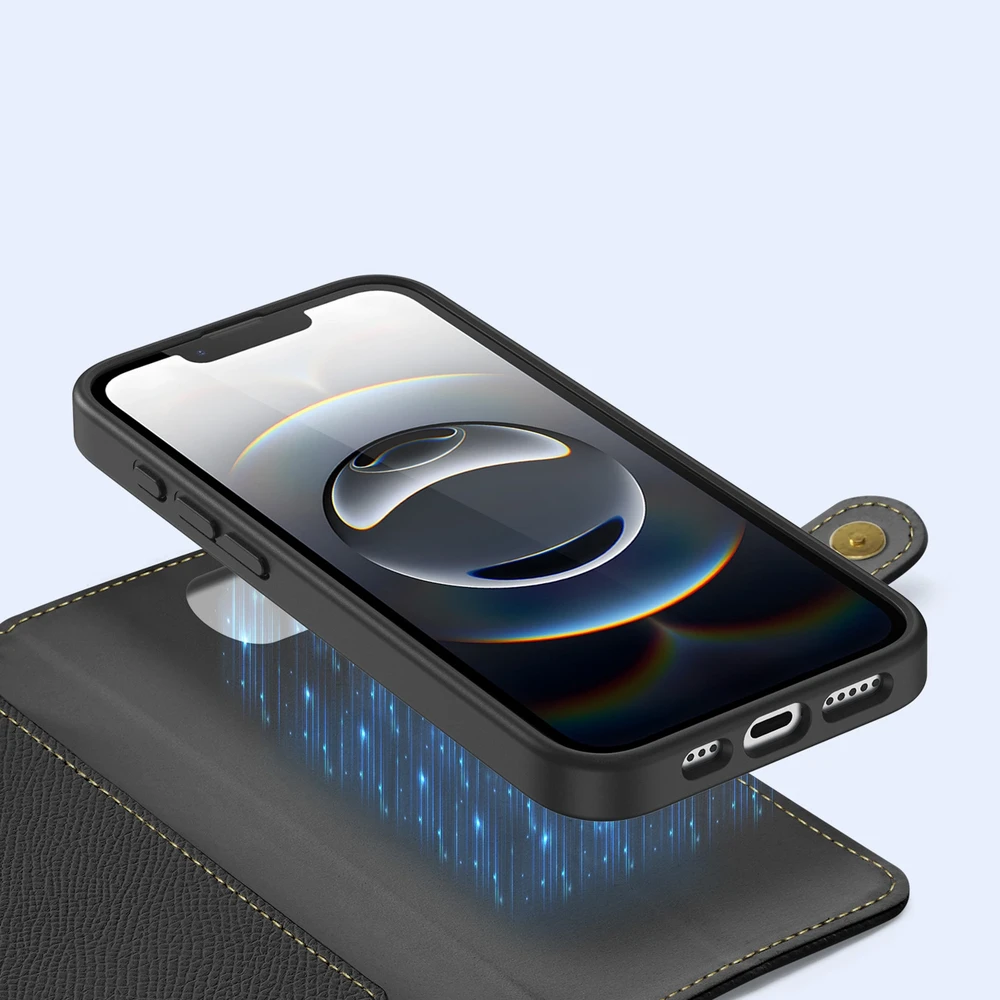 Dux Ducis Lawa Apple iPhone 16e Leather dėklas su Detachable Magnetic Wallet – juodos spalvos