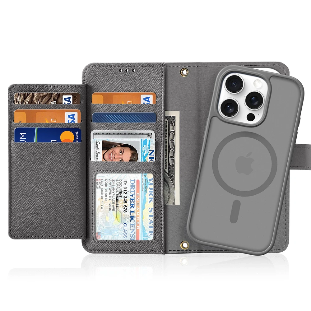 Dux Ducis Lawa Leather dėklas skirtas Apple iPhone 16 Pro Max su Detachable Magnetic Wallet – pilkos spalvos