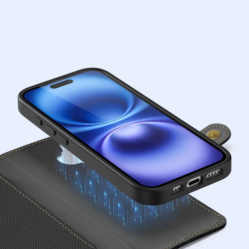 Dux Ducis Lawa Leather dėklas skirtas Apple iPhone 16 – juodos spalvos