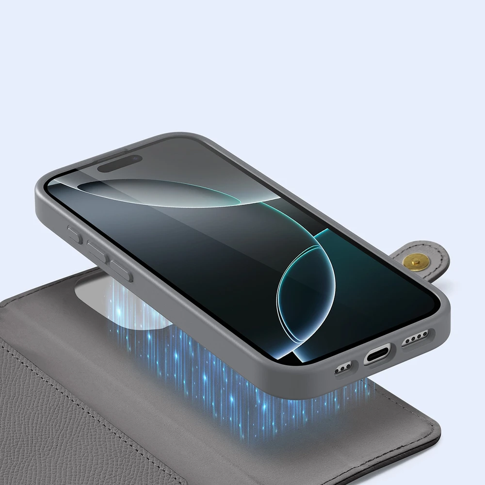 Dux Ducis Lawa Leather dėklas skirtas Apple iPhone 16 Pro Max su Detachable Magnetic Wallet – pilkos spalvos