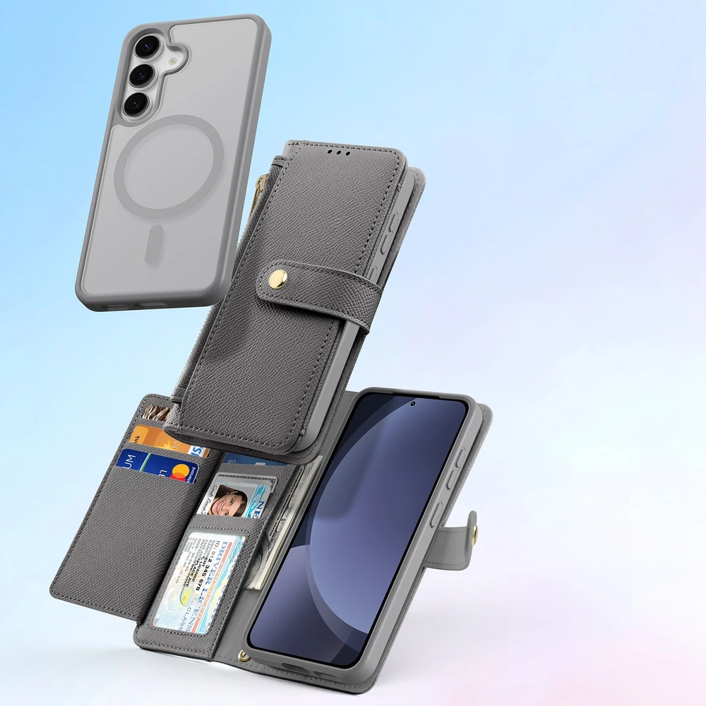 Dux Ducis Lawa Leather Samsung Galaxy S25 Plus with Detachable Magnetic Wallet – dėklas telefonui pilkos spalvos