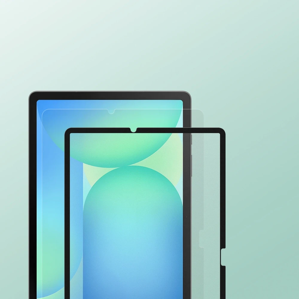 „Dux Ducis Naad“ popierinis matinis ekrano apsauginis sluoksnis, skirtas „Samsung Galaxy Tab S10 FE Plus“ su juodu rėmeliu.