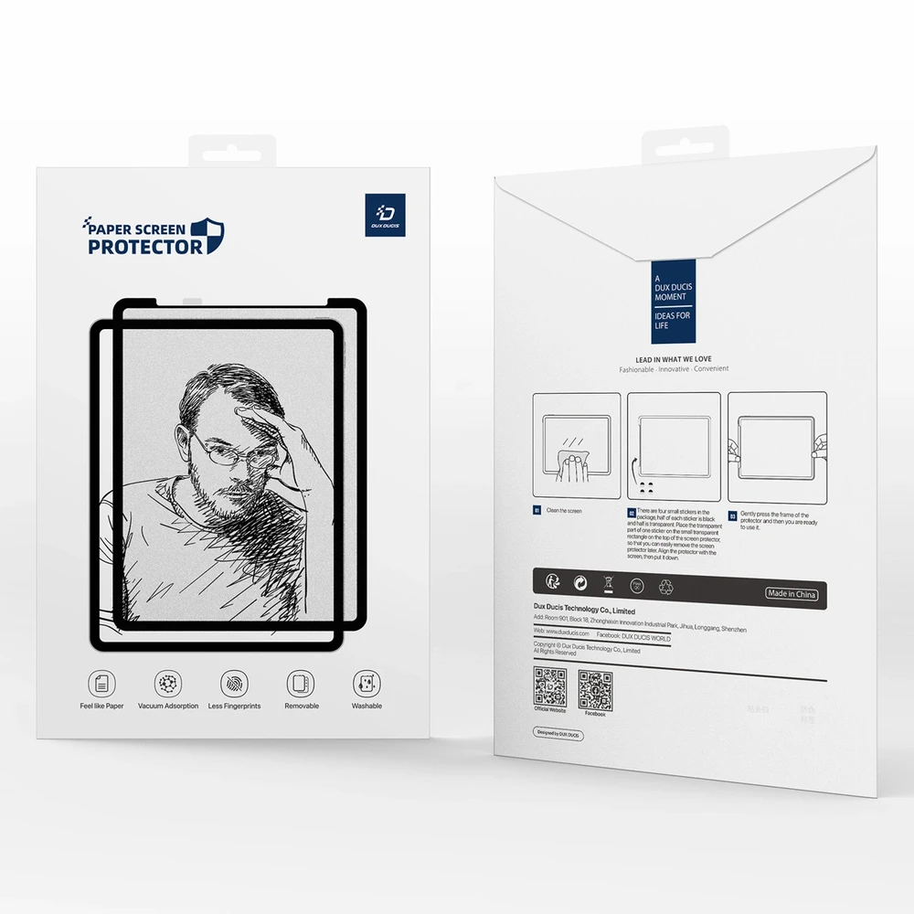 „Dux Ducis Naad“ popierinis matinis ekrano apsauginis sluoksnis, skirtas „Samsung Galaxy Tab S10 FE Plus“ su juodu rėmeliu.