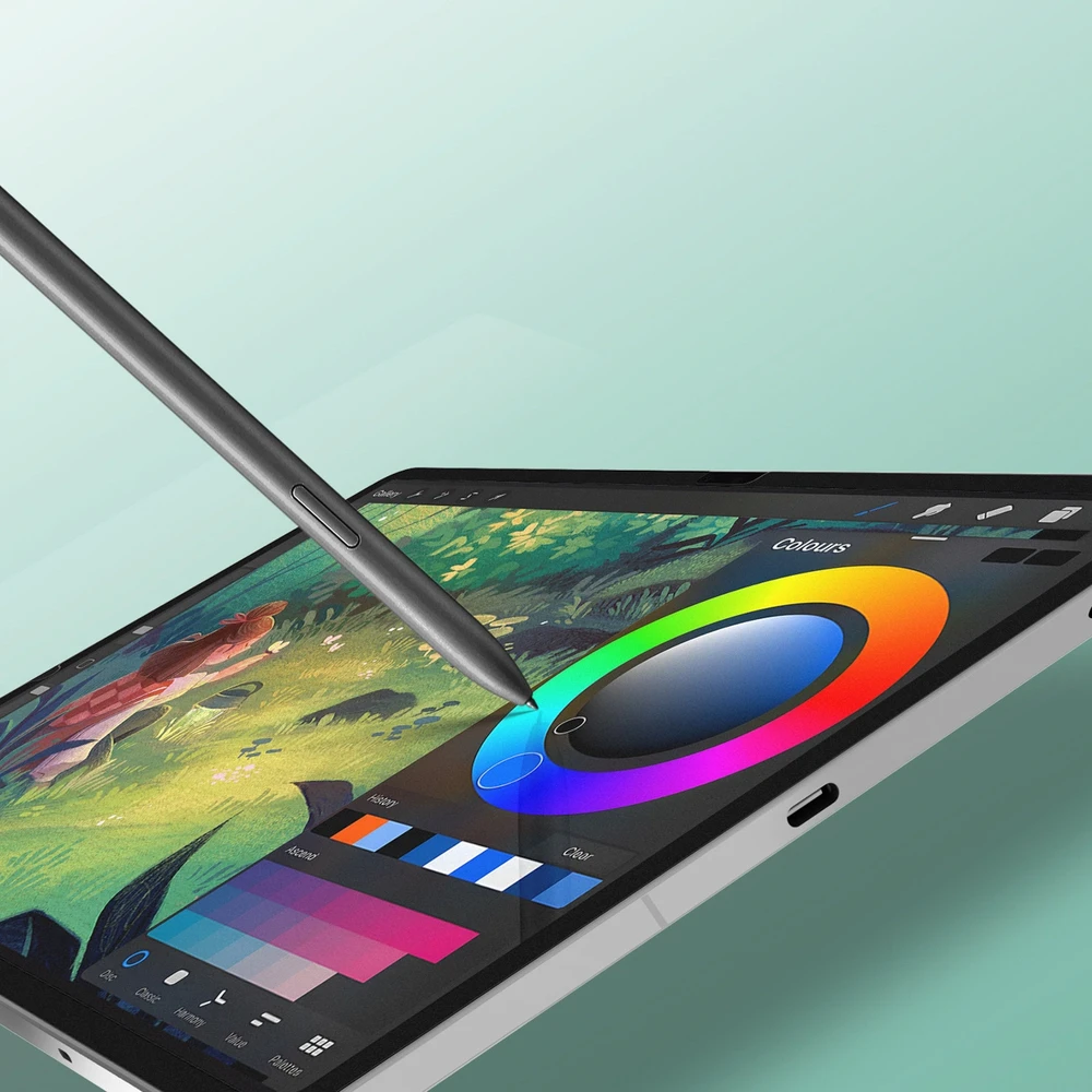 „Dux Ducis Naad“ popierinis matinis ekrano apsauginis sluoksnis, skirtas „Samsung Galaxy Tab S10 FE Plus“ su juodu rėmeliu.