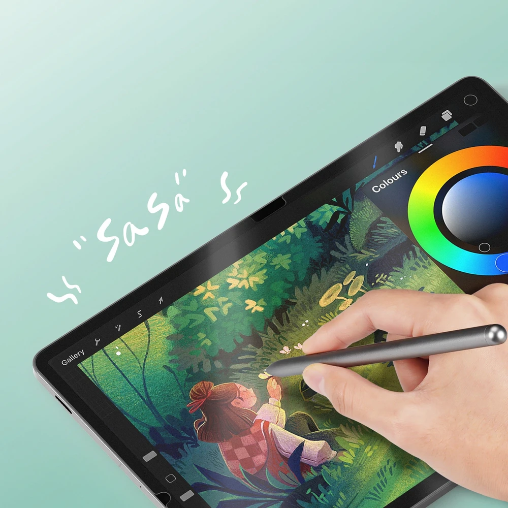 „Dux Ducis Naad“ popierinis matinis ekrano apsauginis sluoksnis, skirtas „Samsung Galaxy Tab S10 FE Plus“ su juodu rėmeliu.