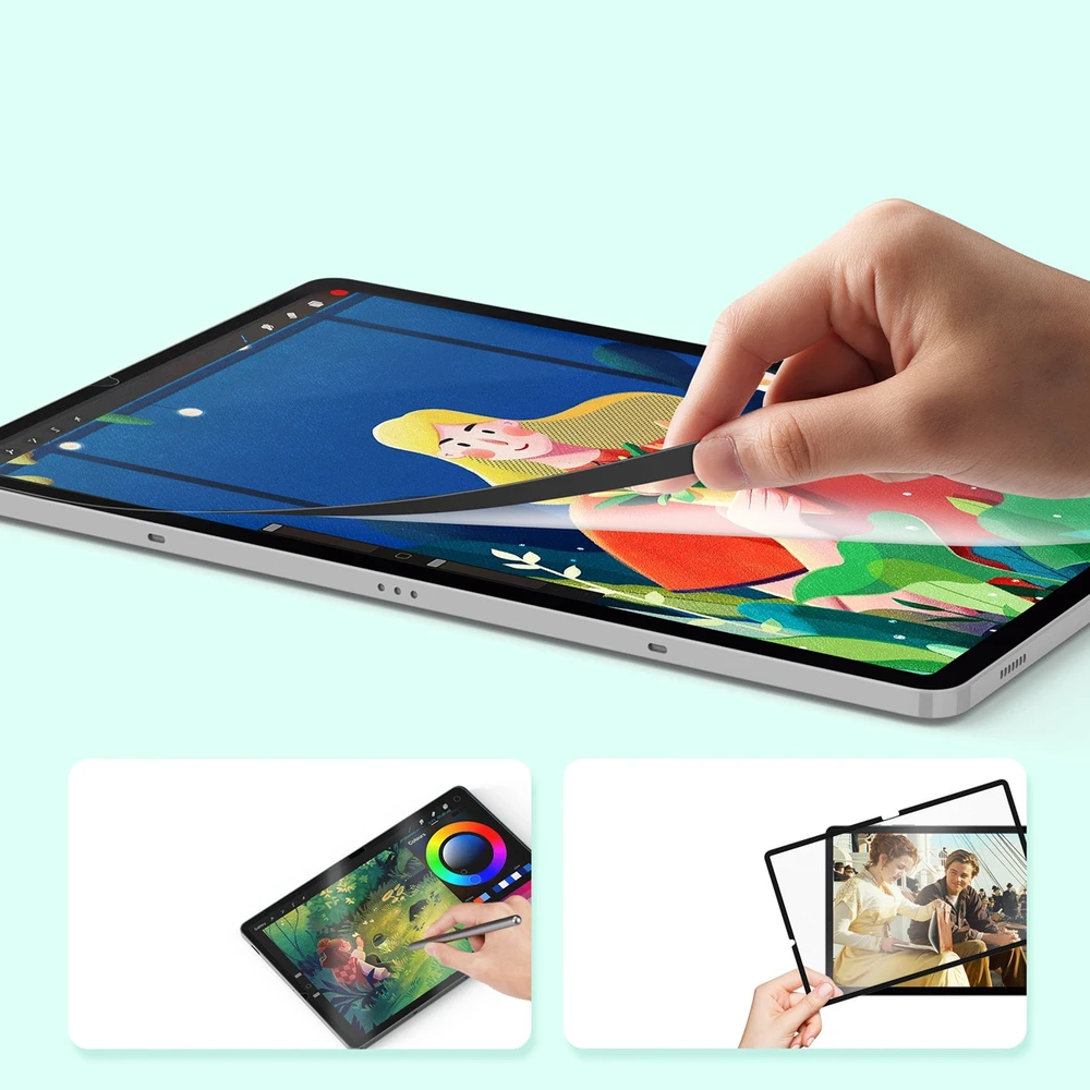 „Dux Ducis Naad“ popierinis matinis ekrano apsauginis sluoksnis, skirtas „Samsung Galaxy Tab S10 FE Plus“ su juodu rėmeliu.