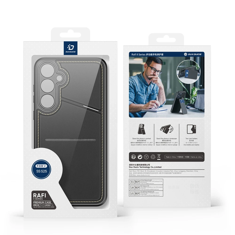 Dux Ducis Rafi II Samsung Galaxy S25 su stoveliu and Wallet – dėklas telefonui juodos spalvos