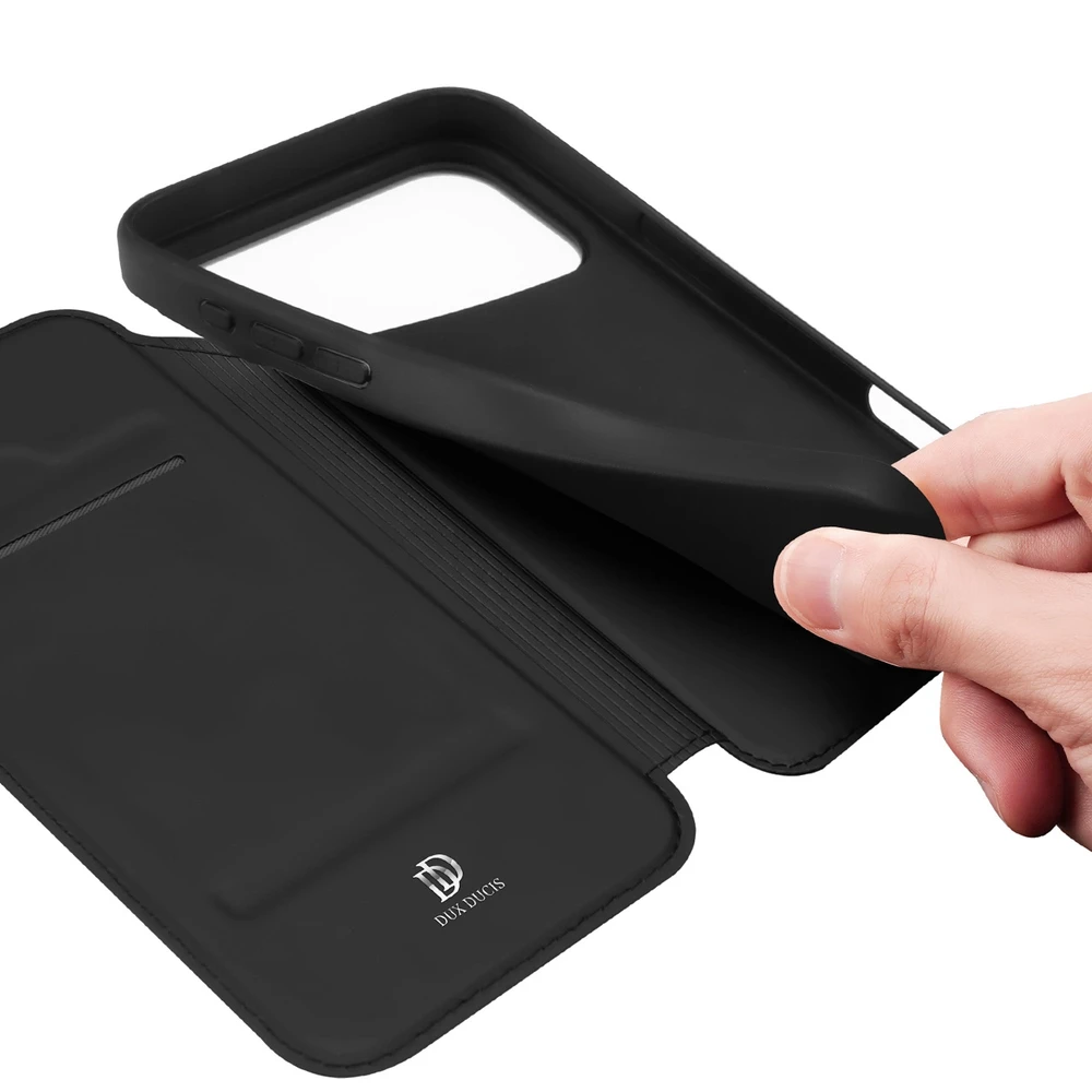 Dux Ducis Skin Pro dėklas skirtas Apple iPhone 17 Pro su Flip and Card Slot – juodos spalvos