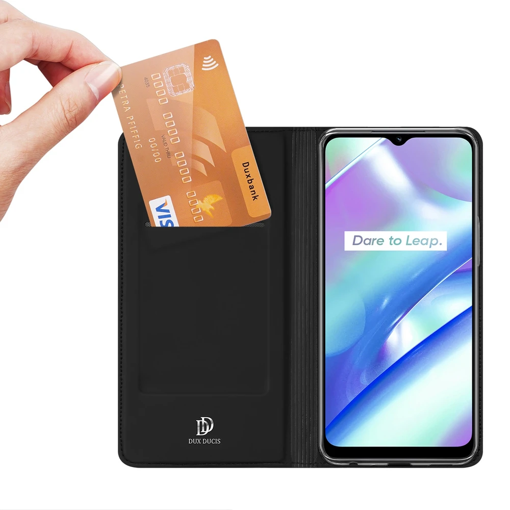 Dėklas Dux Ducis Skin Pro Realme C33 atverčiamas Card Wallet su stoveliu dėkals telefonui juodos spalvos