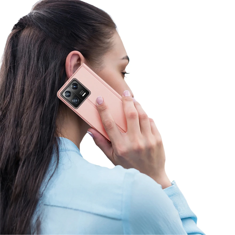 Dux Ducis Skin Pro Xiaomi 13 atverčiamas Card Wallet su stoveliu dėklas telefonui rožinės spalvos