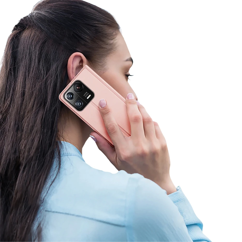 Dux Ducis Skin Pro Xiaomi 13 Pro atverčiamas Card Wallet su stoveliu dėklas telefonui rožinės spalvos