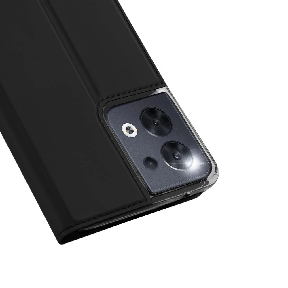 Dux Ducis Skin Pro Oppo Reno 8 atverčiamas card wallet su stoveliu dėklas telefonui juodos spalvos
