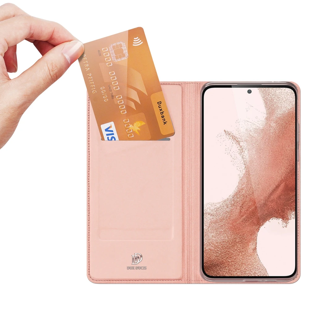 Dux Ducis Skin Pro Samsung Galaxy S23 Plus atverčiamas card wallet su stoveliu dėklas telefonui rožinės spalvos