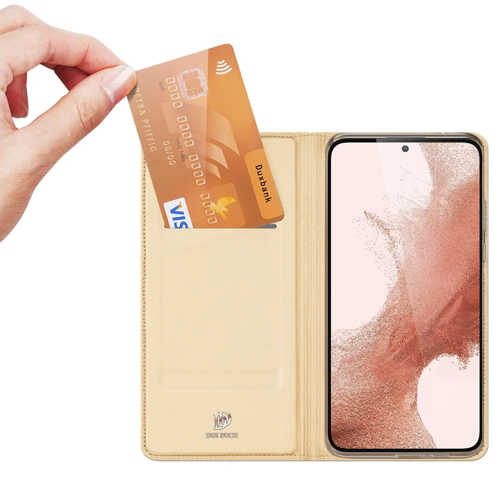 Dėklas Dux Ducis Skin Pro Samsung Galaxy S23 Plus atverčiamas Card Wallet su stoveliu Gold