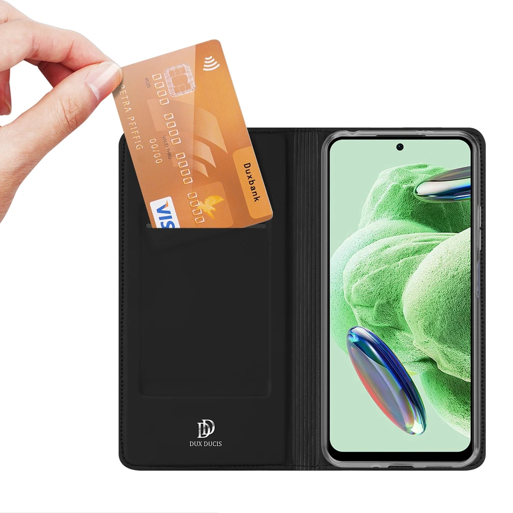 Dux Ducis Skin Pro Xiaomi Redmi Note 12 Pro+ atverčiamas card wallet su stoveliu dėklas telefonui juodos spalvos