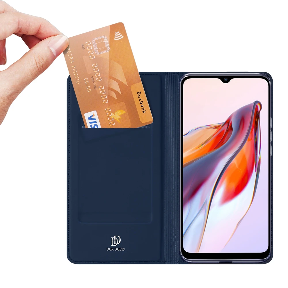 Dux Ducis Skin Pro Xiaomi Redmi 11A / Poco C55 / Redmi 12C atverčiamas Card Wallet su stoveliu dėklas telefonui mėlynos spalvos