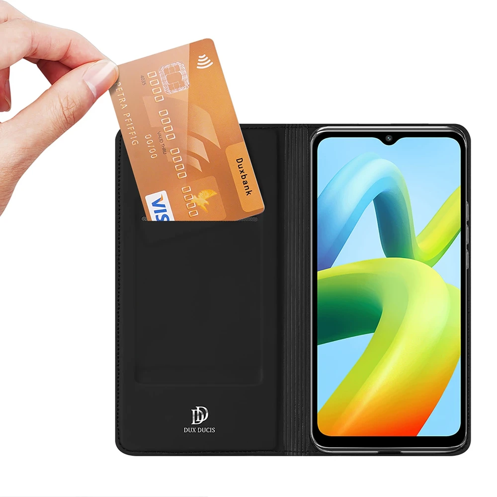 Dux Ducis Skin Pro Xiaomi Redmi A1+ atverčiamas Card Wallet su stoveliu dėklas telefonui juodos spalvos