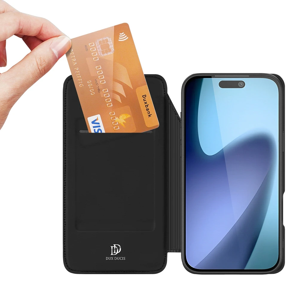 Dux Ducis Skin Pro Apple iPhone 17 dėklas su Flip and Card Slot – juodos spalvos
