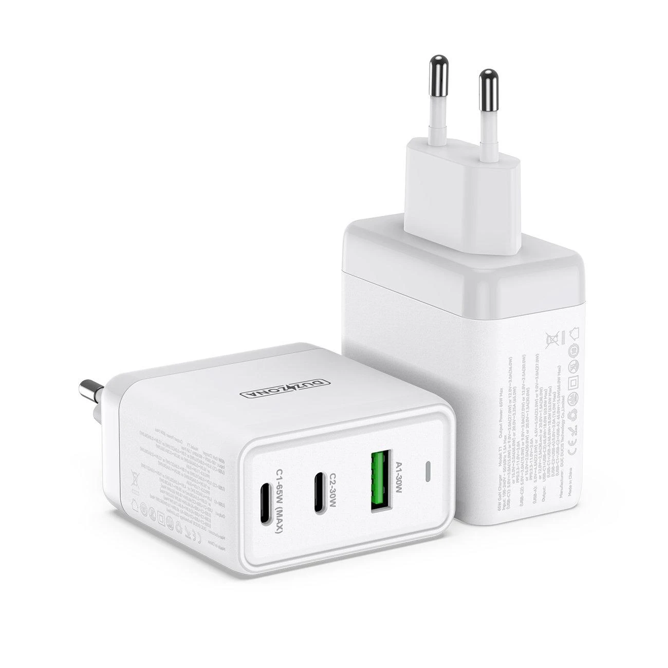 Įkroviklis DUZZONA T1 65W 2xUSB-C/USB-A baltas