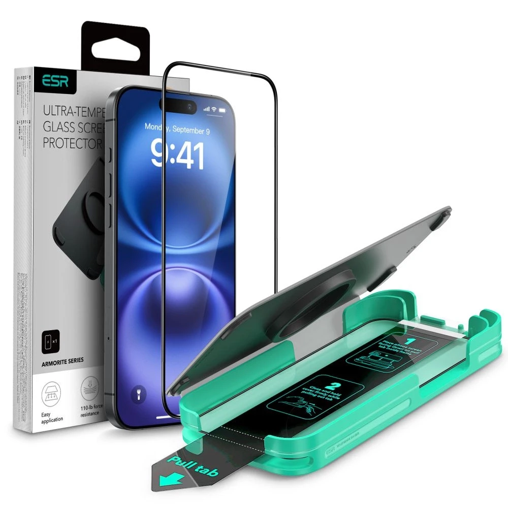 ESR Armorite Apsauginis stiklas for Apple iPhone 16 with Applicator – with Juodas Frame