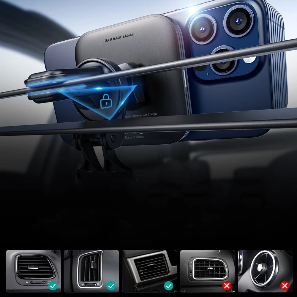 Magnetinis automobilinis telefono laikiklis su 15W MagSafe belaidžiu įkrovimu panelei / oro grotelėms ESR Halolock QI2 juodos spalvos