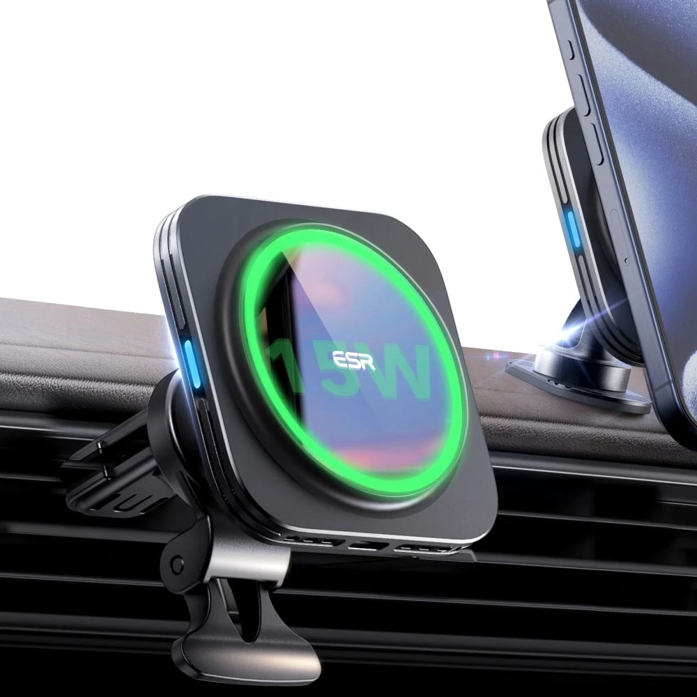 Magnetinis automobilinis telefono laikiklis su 15W MagSafe belaidžiu įkrovimu panelei / oro grotelėms ESR Halolock QI2 juodos spalvos