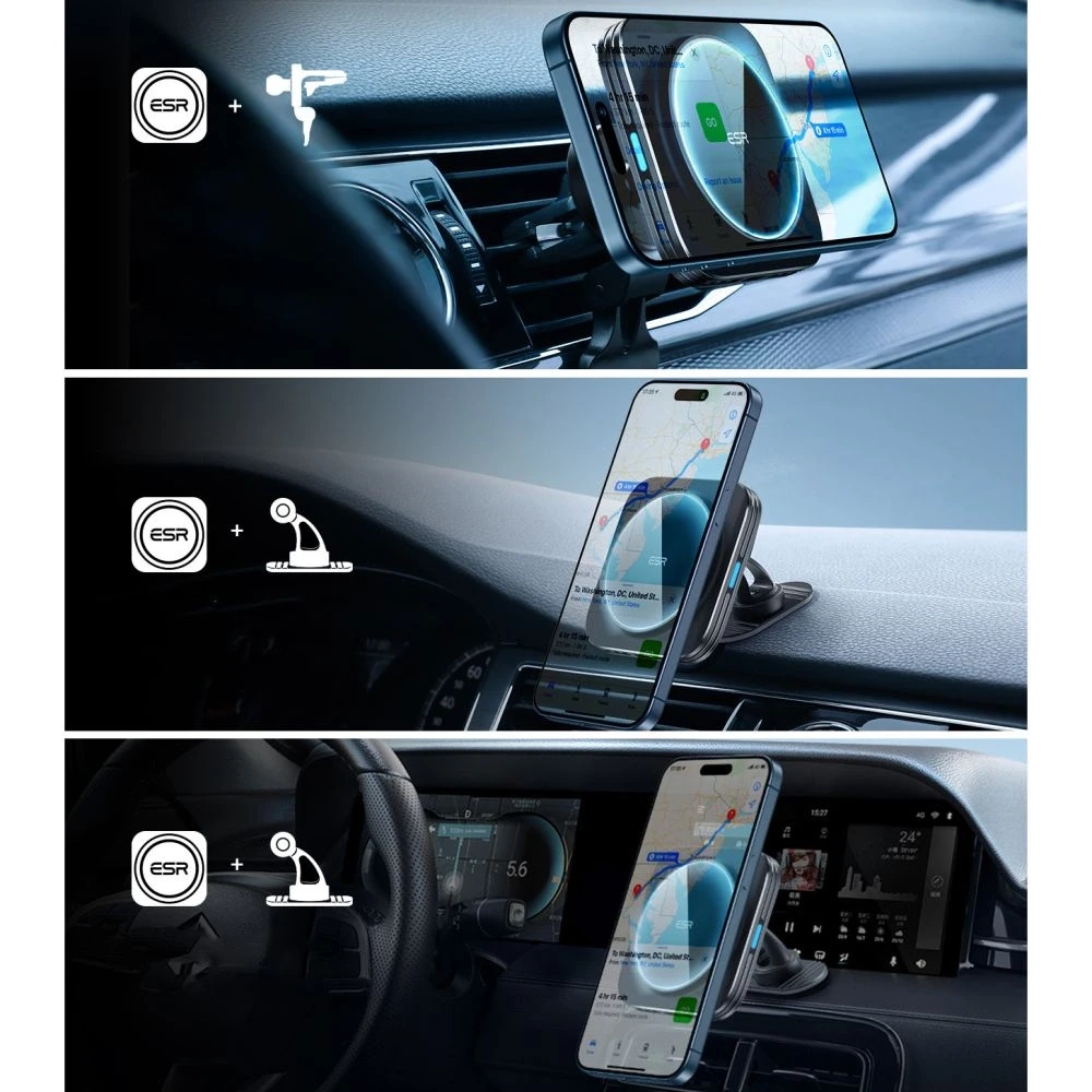 Magnetinis automobilinis telefono laikiklis su 15W MagSafe belaidžiu įkrovimu panelei / oro grotelėms ESR Halolock QI2 juodos spalvos
