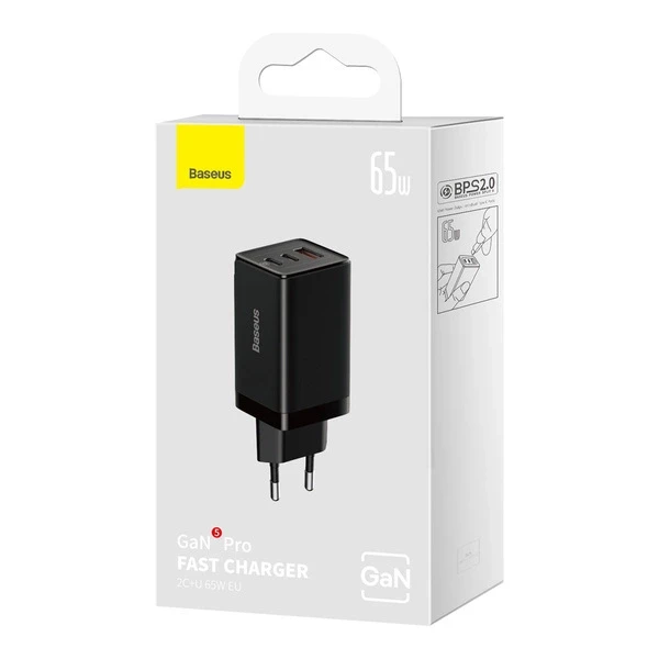 Baseus GaN5 Pro sieninis įkroviklis 2xUSB-C + USB 65W Juodas