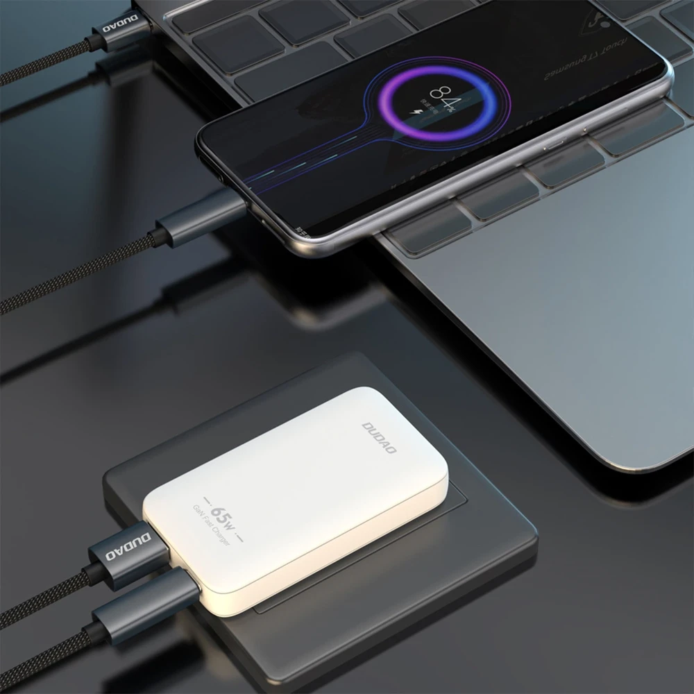 GaN Dudao A65Q 65W USB-A / USB-C PD Ultra-Thin Travel laidinis įkroviklis EU / US – baltos spalvos