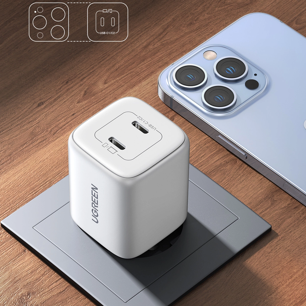 GaN 2 x USB-C 45W QC PD Ugreen CD294 greitasis įkroviklis - baltas