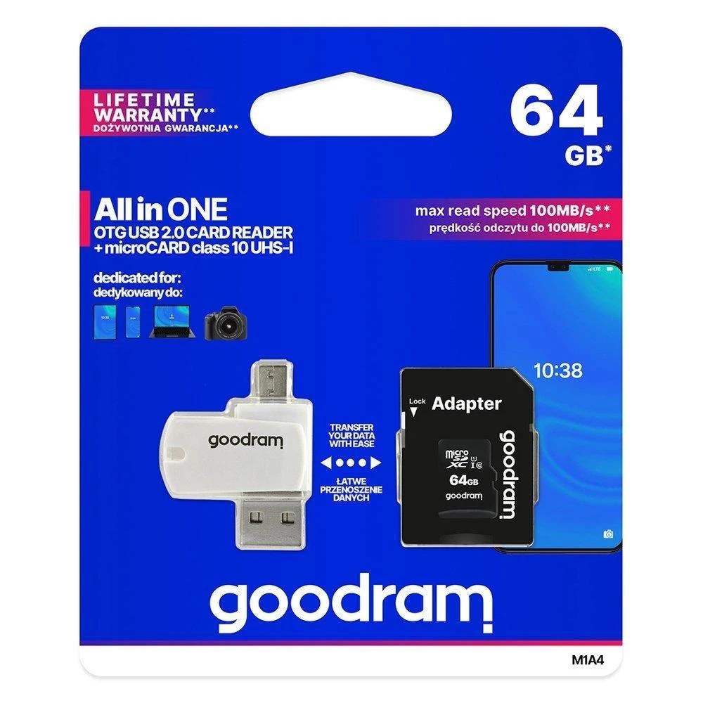 Oem 64GB 100 MB/s Micro SD atminties kortelė Goodram M1A4 - OTG adapteris